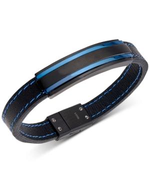 Men's Two-tone Black Leather Bracelet In Matte Black & Shiny Blue Ion-plated Stainless Steel