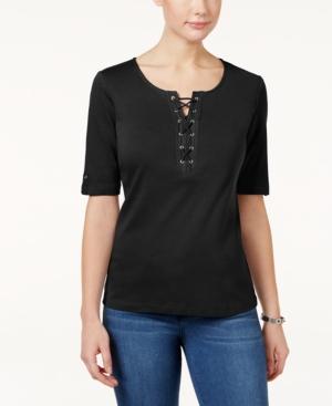 Karen Scott Lace-up Cotton T-shirt, Only At Macy's