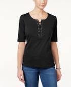 Karen Scott Lace-up Cotton T-shirt, Only At Macy's