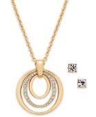 Charter Club Gold-tone Pave Pendant Necklace And Crystal Stud Earrings
