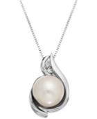 14k White Gold Cultured Freshwater Pearl (8-1/2mm) And Diamond Accent Pendant Necklace