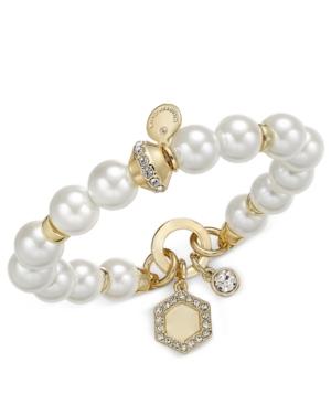 Charter Club Gold-tone White Imitation Pearl Crystal-enhanced Disc Charm Stretch Bracelet, Only At Macy's