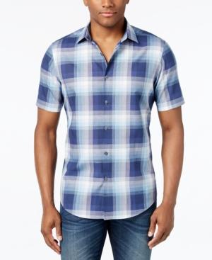 Alfani Men's Slim Fit Ombre Plaid Soft Cotton Short-sleeve Shirt