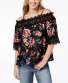 Bcx Juniors' Floral-print Lace-trim Top