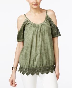 Marled Sequined Cold-shoulder Crochet-trim Top