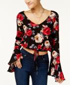 Polly & Esther Juniors' Printed Bell-sleeve Tie-front Crop Top