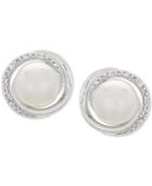 Cultured Freshwater Pearl (8mm) & Diamond Accent Framed Stud Earrings In Sterling Silver
