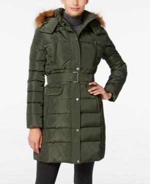 Tommy Hilfiger Faux-fur-trim Hooded Belted Puffer Coat