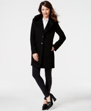Dkny Faux-fur-collar Wool-blend Walker Coat