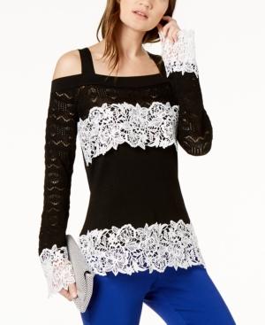I.n.c. Lace-trim Pointelle-sleeve Sweater, Created For Macy's