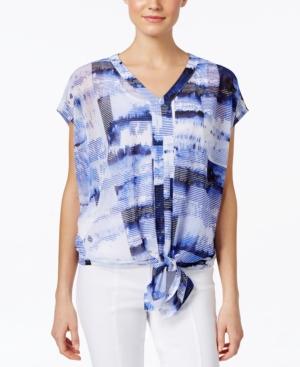 Alfani Petite Abstract-print Tie-waist Blouse, Only At Macy's