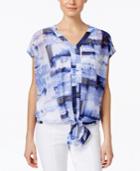 Alfani Petite Abstract-print Tie-waist Blouse, Only At Macy's