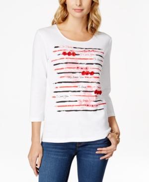 Karen Scott Petite Floral Stripe Applique Top, Only At Macy's