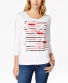 Karen Scott Petite Floral Stripe Applique Top, Only At Macy's