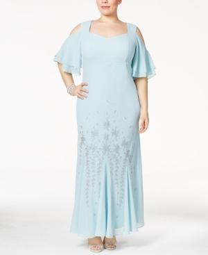R & M Richards Plus Size Embellished Cold-shoulder Gown