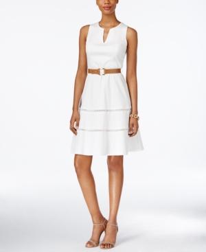 Nine West Belted Split-neck Fit & Flare Dress