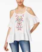 Almost Famous Juniors' Embroidered Cold-shoulder Ruffle Top