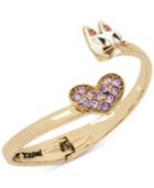 Betsey Johnson Gold-tone Pave Heart And Cat Hinged Open Bangle Bracelet