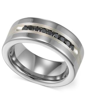 Triton Men's Tungsten And Sterling Silver Ring, Channel-set Black Diamond Accent Wedding Band