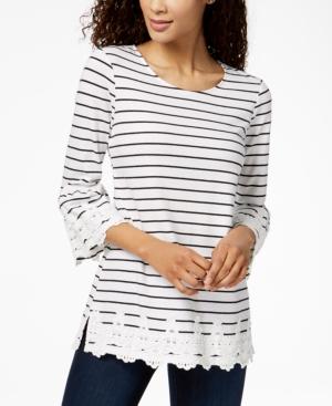 Charter Club Striped Lace-trim Top, Created For Macy's