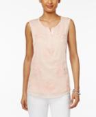 Style & Co Split-neck Embroidered Top, Created For Macy's