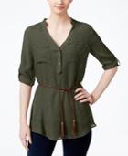 Bcx Juniors' Roll-tab-sleeve Belted Tunic