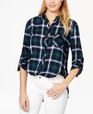 Polly & Esther Juniors' Back Graphic High-low Button-front Plaid Shirt
