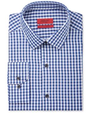 Alfani Red Men's Fitted Performance Blue Double Gingham Dress Shirt, Only At Macy's