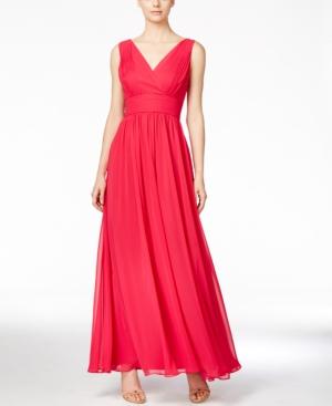 Calvin Klein V-neck Pleated Chiffon Gown