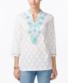 Charter Club Dot-print Embroidered Tunic, Only At Macy's