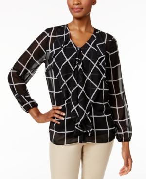Charter Club Petite Grid-print Ruffle Blouse, Only At Macy's