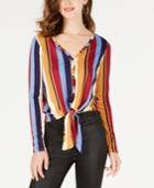 Polly & Esther Juniors' Striped Button-front Tie-hem Top