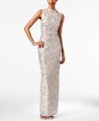 Adrianna Papell Embellished Mock-neck Column Gown