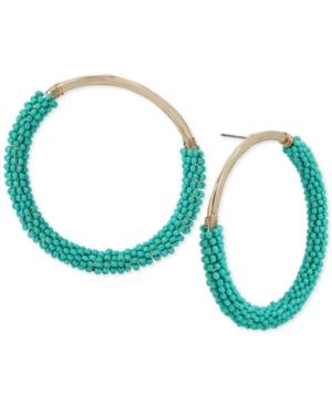 Betsey Johnson Gold-tone Blue Bead Wrapped Drop Hoop Earrings