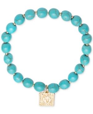 Anne Klein Gold-tone Blue Beaded Logo Stretch Bracelet