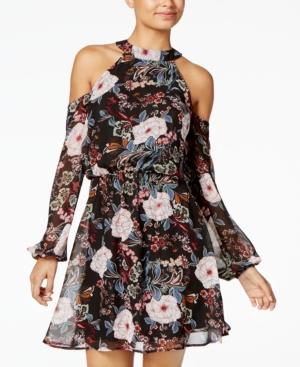 One Hart Juniors' Floral-print Cold-shoulder Dress