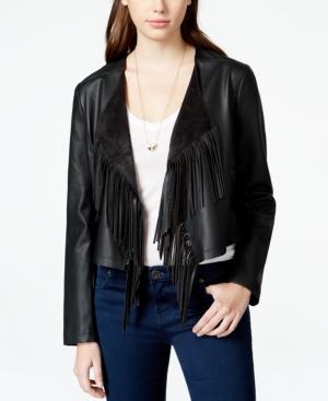 Collection B Cropped Faux Leather Fringe Jacket