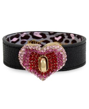 Betsey Johnson Gold-tone Pave Heart Black Leather Bracelet