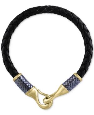 Effy Men's Black Leather Woven Bracelet In Gray Rhodium-plated And 18k Gold-plated Sterling Silver