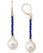 Cultured Freshwater Pearl (10mm) & Lapis Lazuli (2mm) Drop Earrings In 14k Gold