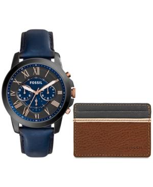 Fossil Men's Chronograph Grant Blue Leather Strap Watch & Brown/gray Leather Card Wallet Box Set 44mm Fs5252set