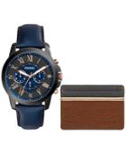 Fossil Men's Chronograph Grant Blue Leather Strap Watch & Brown/gray Leather Card Wallet Box Set 44mm Fs5252set