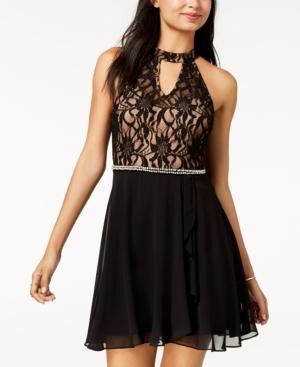 City Studios Juniors' Embellished Lace-contrast Fit & Flare Dress