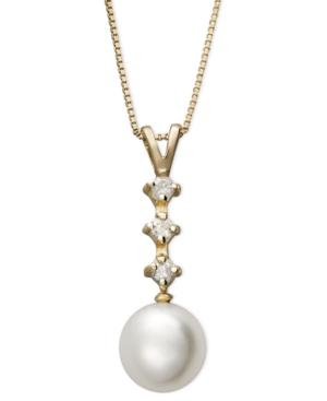 Belle De Mer Cultured Freshwater Pearl (8mm) And Diamond (1/8 Ct. T.w.) Three-stone Pendant In 14k Gold