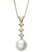 Belle De Mer Cultured Freshwater Pearl (8mm) And Diamond (1/8 Ct. T.w.) Three-stone Pendant In 14k Gold