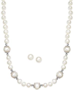 Cultured Freshwater Pearl (6-9mm) And Filigree Necklace And Earring Set In Sterling Silver