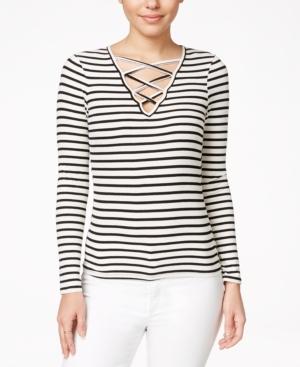 Material Girl Juniors' Striped Lattice Ribbed Top, Only At Macy's