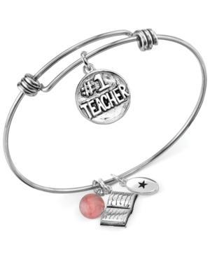 Unwritten Teacher Charm And Cherry Quartz (8mm) Bangle Bracelet In Stainless Steel