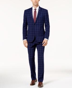 Nick Graham Men's Slim-fit Stretch Blue Double Windowpane Suit