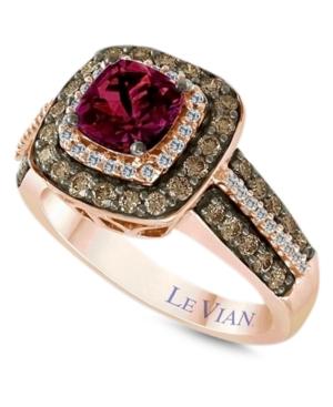 Le Vian Raspberry Rhodolite Garnet (1 Ct. T.w.) And White And Chocolate Diamonds (3/4 Ct. T.w.) Square Statement Ring In 14k Rose Gold